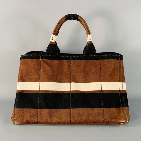 PRADA Canapa Brown Black White Stripe Canvas Open Top Tote Handbag - Picture 1 of 14